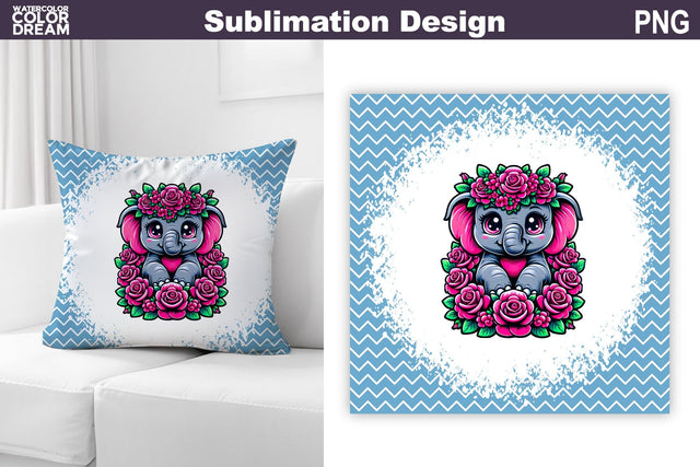 Cute Elephant Floral Pillow Design | Baby Elephant Roses Sublimation Sublimation WatercolorColorDream 