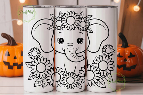 Cute Elephant Sunflower Tumbler Wrap PNG Sublimation PixelChick 