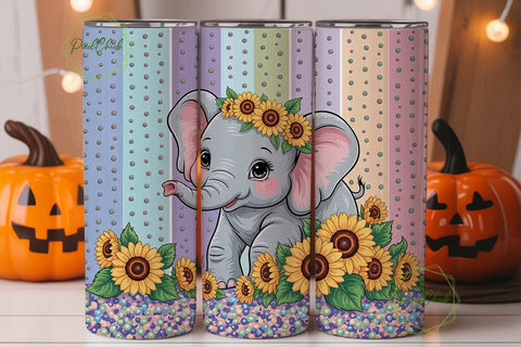 Cute Elephant Sunflower Tumbler Wrap PNG Sublimation PixelChick 