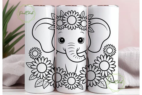 Cute Elephant Sunflower Tumbler Wrap PNG Sublimation PixelChick 