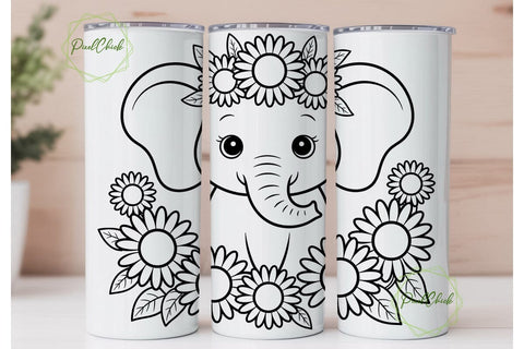 Cute Elephant Sunflower Tumbler Wrap PNG Sublimation PixelChick 