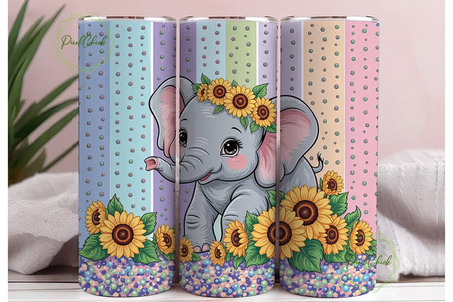 Cute Elephant Sunflower Tumbler Wrap PNG Sublimation PixelChick 