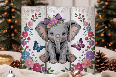 Cute Elephant with Flowers 20oz Tumbler Sublimation DesignSVG 