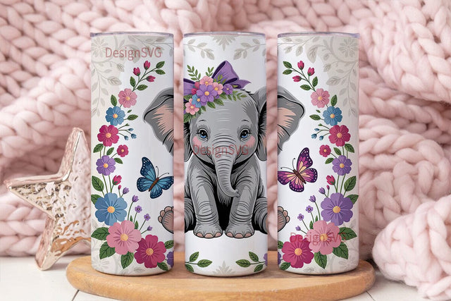 Cute Elephant with Flowers 20oz Tumbler Sublimation DesignSVG 