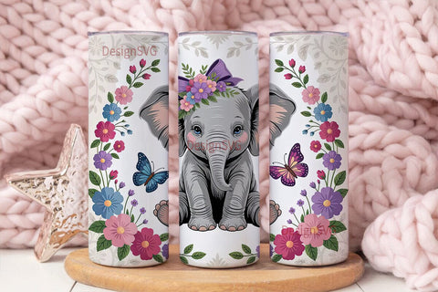 Cute Elephant with Flowers 20oz Tumbler Sublimation DesignSVG 