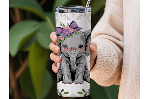 Cute Elephant with Flowers 20oz Tumbler Sublimation DesignSVG 