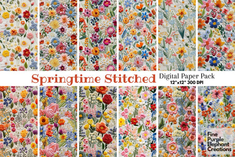 Cute Embroidered Spring Digital Paper | Easter Pastel Digital Pattern Fine Purple Elephant Creations 
