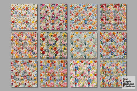 Cute Embroidered Spring Digital Paper | Easter Pastel Digital Pattern Fine Purple Elephant Creations 