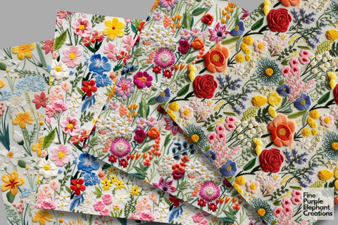 Cute Embroidered Spring Digital Paper | Easter Pastel Digital Pattern Fine Purple Elephant Creations 