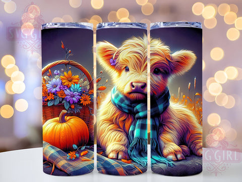 Cute Fall Baby Highland Cow Autumn Pumpkin 20oz Tumbler Wrap Sublimation Design, Straight Tapered Tumbler Wrap, Baby Highland Cow Tumbler Png, Instant Digital Download Sublimation SvggirlplusArt 