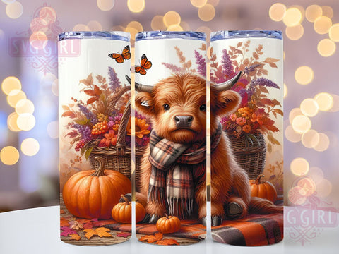 Cute Fall Baby Highland Cow Autumn Pumpkin 20oz Tumbler Wrap Sublimation Design, Straight Tapered Tumbler Wrap, Baby Highland Cow Tumbler Png, Instant Digital Download Sublimation SvggirlplusArt 