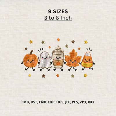Cute Fall Halloween Friends Machine Embroidery Design – Pumpkin Ghost Coffee Maple Leaf Candy Corn Embroidery File Embroidery/Applique DESIGNS PatternFeed8 