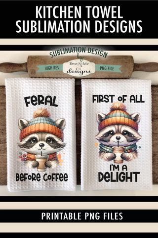 Cute Fall Raccoons with Iced Coffee Kitchen Towel Sublimation PNG Sublimation Ewe-N-Me Designs 