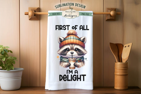 Cute Fall Raccoons with Iced Coffee Kitchen Towel Sublimation PNG Sublimation Ewe-N-Me Designs 