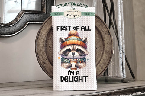 Cute Fall Raccoons with Iced Coffee Kitchen Towel Sublimation PNG Sublimation Ewe-N-Me Designs 