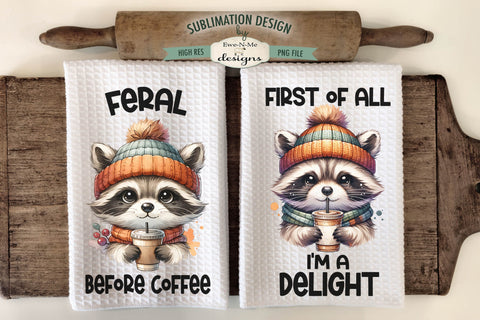 Cute Fall Raccoons with Iced Coffee Kitchen Towel Sublimation PNG Sublimation Ewe-N-Me Designs 