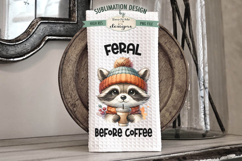 Cute Fall Raccoons with Iced Coffee Kitchen Towel Sublimation PNG Sublimation Ewe-N-Me Designs 