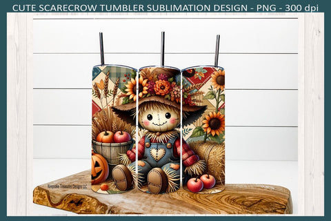 Cute Fall Scarecrow 20oz Straight Tumbler Wrap and Matching Car Coasters, Sublimation Png Printable Sublimation Keepsake Treasures Designs LLC. 