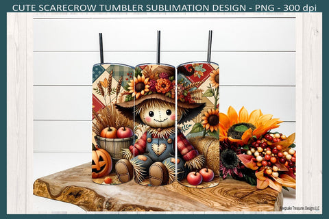 Cute Fall Scarecrow 20oz Straight Tumbler Wrap and Matching Car Coasters, Sublimation Png Printable Sublimation Keepsake Treasures Designs LLC. 