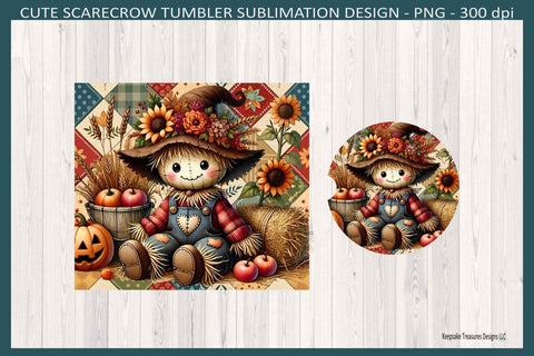 Cute Fall Scarecrow 20oz Straight Tumbler Wrap and Matching Car Coasters, Sublimation Png Printable Sublimation Keepsake Treasures Designs LLC. 