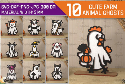 Cute Farm Animal Ghosts LaserCut Bundle. Halloween Farmhouse SVG Evgenyia Guschina 