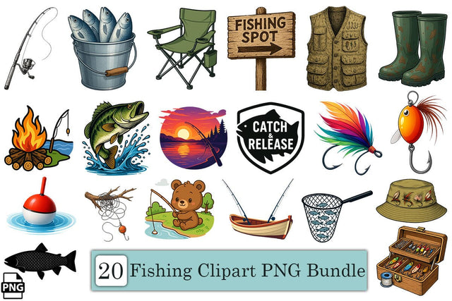 Cute Fishing Clipart PNG Bundle Printable File Sublimation Creativedesigntee 