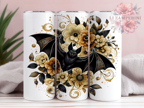 Cute Floral Bat 20 oz Skinny Tumbler Sublimation Design, Straight & Tapered Tumbler Png, Halloween Season Tumbler Png, Digital Download PNG Sublimation Li Zamperini 