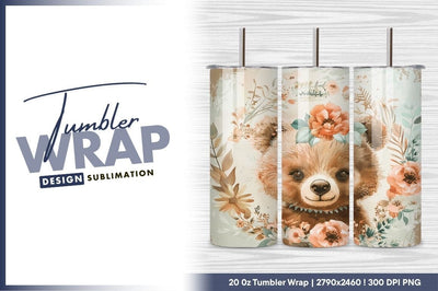 Cute floral bear portrait art tumbler png Sublimation Regulrcrative 