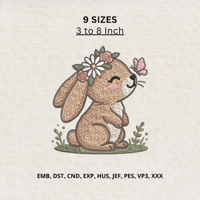 Cute Floral Bunny Machine Embroidery Design – Spring Rabbit with Flowers & Butterfly Embroidery File Embroidery/Applique DESIGNS PatternFeed8 