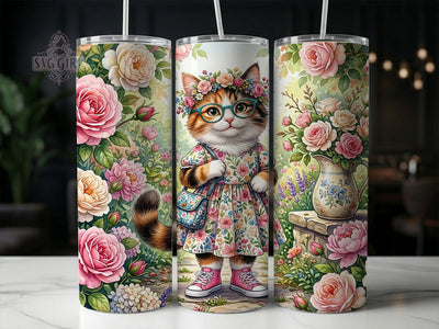 Cute Floral Cat 20oz Tumbler, Cute Floral Cat, 20oz Tumbler Wrap, Sublimation Design, Cute Cat Art, Digital Download, Tumbler PNG, Floral Cat Wrap Sublimation SvggirlplusArt 