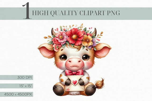 Cute Floral Cow Clipart with Love Letter Valentine Clipart Sublimation BijouBay 
