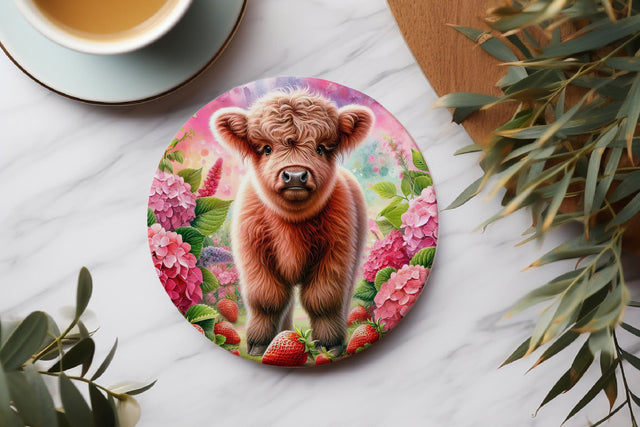 Cute Floral Cow Round Coaster Sublimation PNG Sublimation BijouBay 