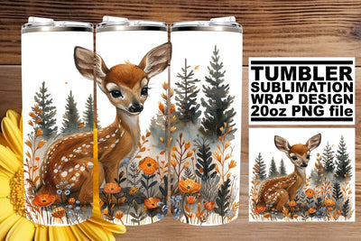 Cute Floral Deer Tumbler Wrap 20oz Sublimation Watercolor Sublimation afrosvg 