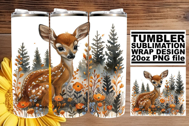 Cute Floral Deer Tumbler Wrap 20oz Sublimation Watercolor Sublimation afrosvg 