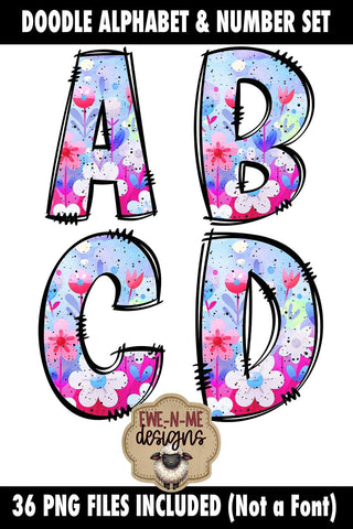 Cute Floral Doodle Alphabet Numbers | Flowered PNG Files Sublimation Ewe-N-Me Designs 