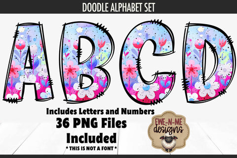 Cute Floral Doodle Alphabet Numbers | Flowered PNG Files Sublimation Ewe-N-Me Designs 