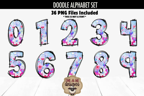 Cute Floral Doodle Alphabet Numbers | Flowered PNG Files Sublimation Ewe-N-Me Designs 