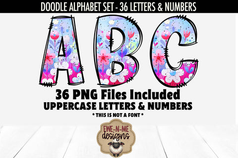 Cute Floral Doodle Alphabet Numbers | Flowered PNG Files Sublimation Ewe-N-Me Designs 