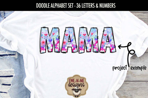 Cute Floral Doodle Alphabet Numbers | Flowered PNG Files Sublimation Ewe-N-Me Designs 