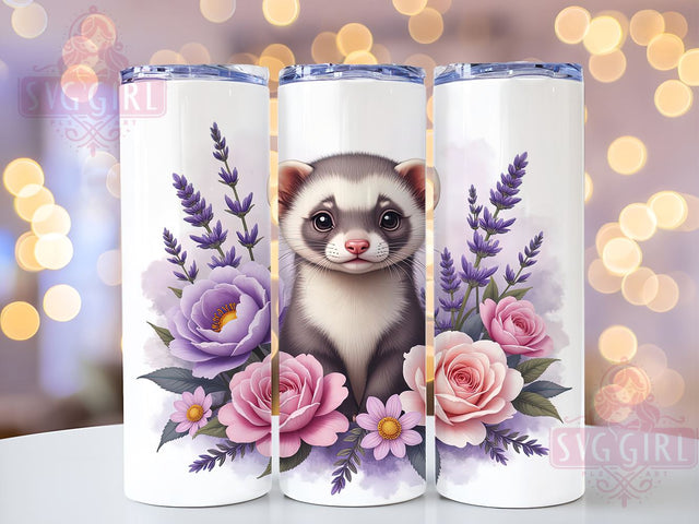 Cute Floral Ferret Animal Lover Tumbler, Floral Ferret Design, Purple Color Splash Tumbler, Animal Lover Gift, Sublimation Drinkware, Cute Ferret Cup, Pet-Themed Tumbler Sublimation SvggirlplusArt 