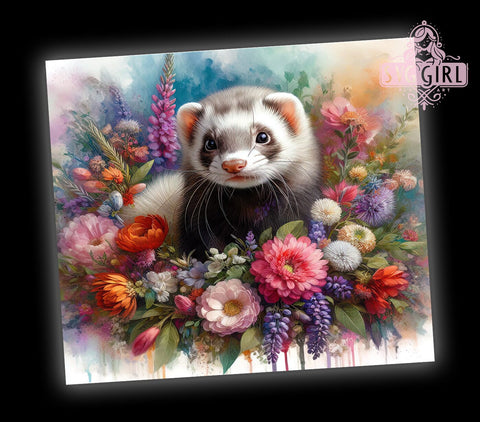 Cute Floral Ferret Animal Lover Tumbler, Floral Ferret Design, Purple Color Splash Tumbler, Animal Lover Gift, Sublimation Drinkware, Cute Ferret Cup, Pet-Themed Tumbler Sublimation SvggirlplusArt 