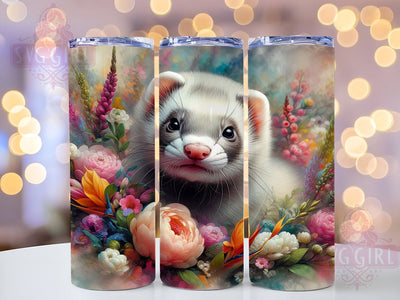 Cute Floral Ferret Animal Lover Tumbler, Floral Ferret Design, Purple Color Splash Tumbler, Animal Lover Gift, Sublimation Drinkware, Cute Ferret Cup, Pet-Themed Tumbler Sublimation SvggirlplusArt 