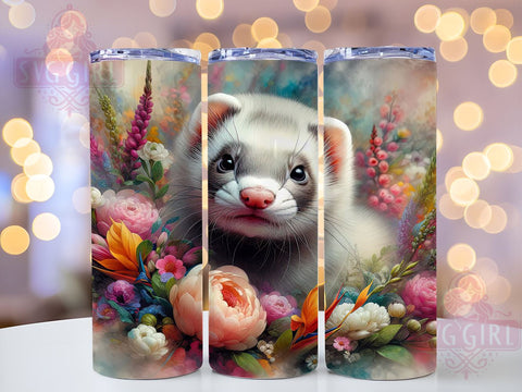 Cute Floral Ferret Animal Lover Tumbler, Floral Ferret Design, Purple Color Splash Tumbler, Animal Lover Gift, Sublimation Drinkware, Cute Ferret Cup, Pet-Themed Tumbler Sublimation SvggirlplusArt 