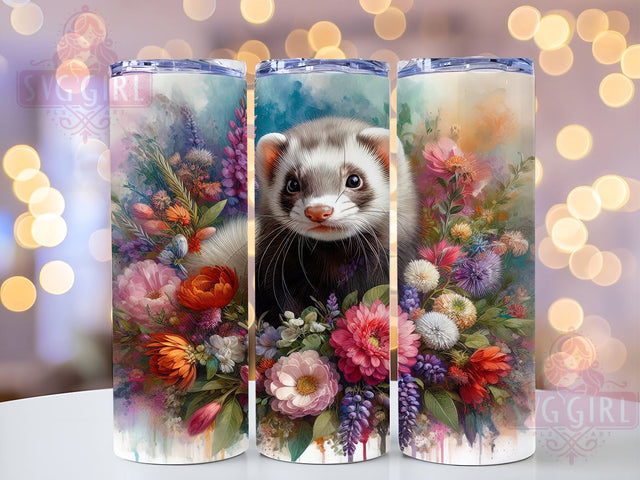 Cute Floral Ferret Animal Lover Tumbler, Floral Ferret Design, Purple Color Splash Tumbler, Animal Lover Gift, Sublimation Drinkware, Cute Ferret Cup, Pet-Themed Tumbler Sublimation SvggirlplusArt 