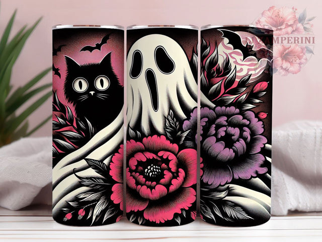 Cute Floral Ghost Boojee Halloween Tumbler, Boojee Halloween Cup, 20Oz Sublimation Wrap, Spooky Flower Mug, Autumn Ghost Drinkware, Floral Halloween Tumbler, Girly Spooky Design Sublimation Li Zamperini 