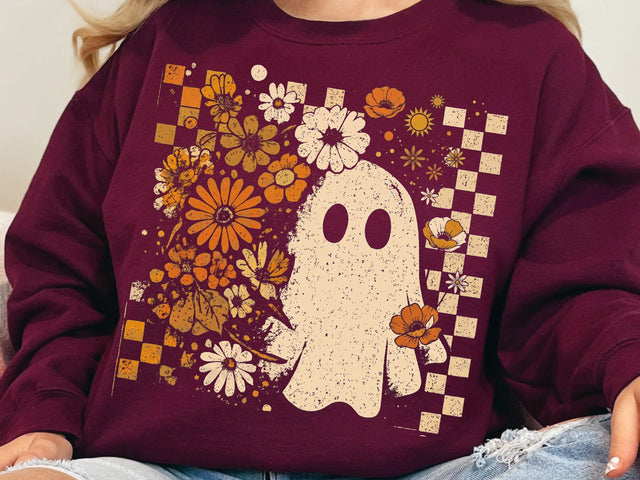 Cute Floral Ghost PNG, Retro Halloween Sublimation Design SVG DesignDestine 