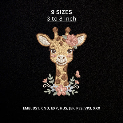 Cute Floral Giraffe Machine Embroidery Design – Baby Girl Giraffe with Flowers & Butterfly Embroidery File Embroidery/Applique DESIGNS PatternFeed8 