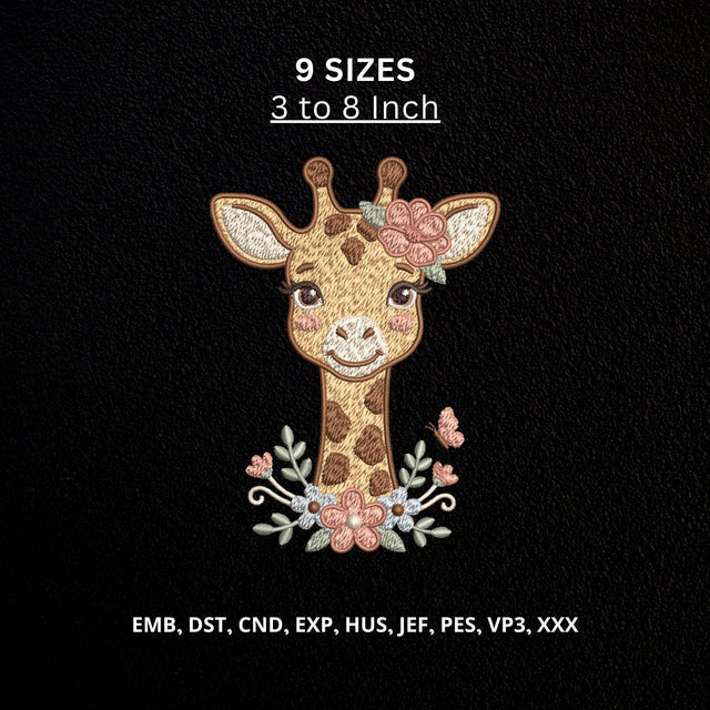 Cute Floral Giraffe Machine Embroidery Design – Baby Girl Giraffe with Flowers & Butterfly Embroidery File Embroidery/Applique DESIGNS PatternFeed8 