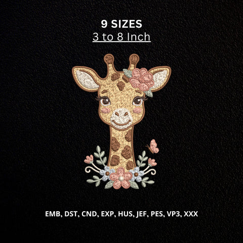 Cute Floral Giraffe Machine Embroidery Design – Baby Girl Giraffe with Flowers & Butterfly Embroidery File Embroidery/Applique DESIGNS PatternFeed8 