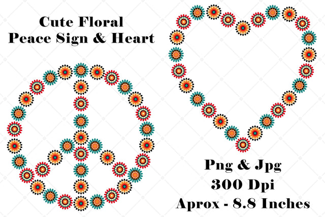 Cute Floral Peace Sign and Heart Graphic Design Elements Sublimation Karma Genie Graphics 
